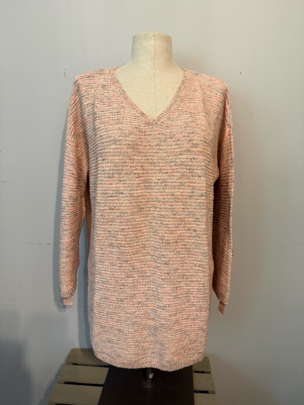 Chico's V-Neck Sweater - pink primary color with multi color contrast.